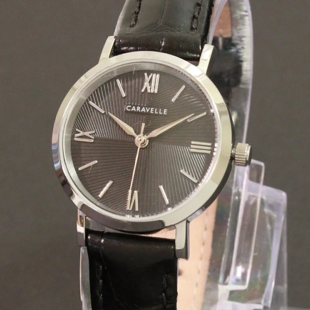 Caravelle Ladies Quartz Dress Watch By Bulova Black Textured Dial, Strap 28mm